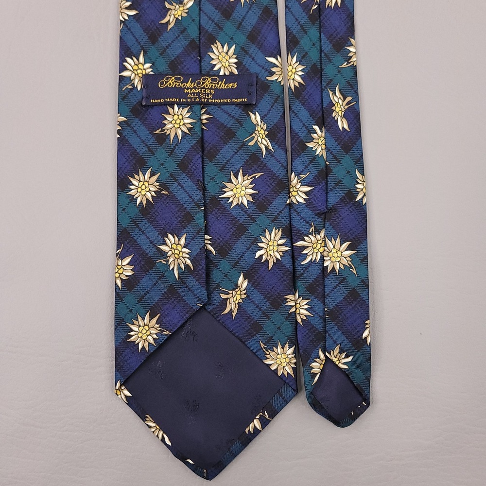 Brooks Brothers Makers Merchants Tie Mens Green Blue Plaid Flower Silk USA - Picture 3 of 6